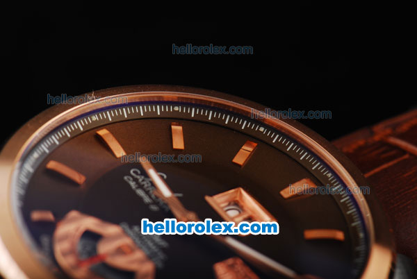 Tag Heuer Carrera Calibre 8 Chronometer Automatic Movement Gold Bezel with Brown Dial and Rose Gold Stick Markers-Brown Leather Strap - Click Image to Close